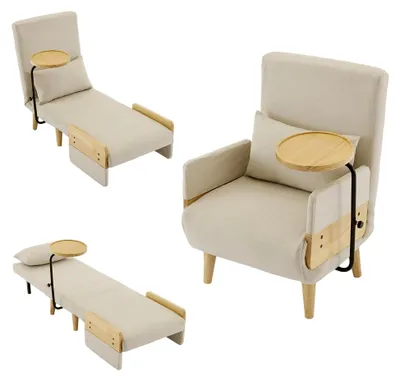 Produktbild von Schlafsessel 3 in 1, gepolstertes Schlafsofa mit Bettfunktion, Klappsessel mit Kissen, Regal und 6-fach verstellbarer Rückenlehne, klappbares Sofabett für Wohnzimmer und Schlafzimmer (Leinen)