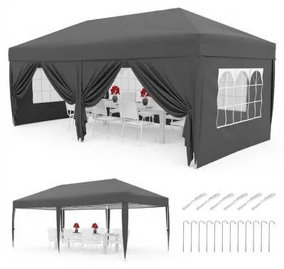 Obrázek produktu pro Skládací pavilon 3x6 m - Robustní párty stan - Voděodolný - Materiál Oxford 420D - Odnímatelné boční stěny - Výškově nastavitelný - Šedá barva
