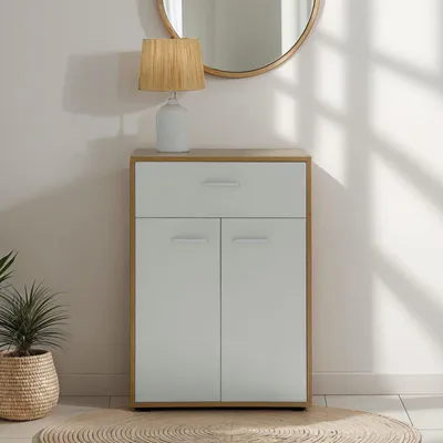 Produktbild von Kommode Sideboard Schrank TOMMY in Sonoma Eiche / weiß, Anrichte Highboard mit Schublade und 2 Türen