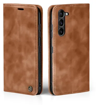 A brown leather flip case for a Samsung Galaxy S23 phone, shown from the front and back.