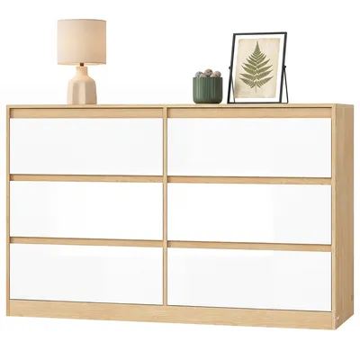 Produktbild von VASAGLE Kommode mit 6 Schubladen Modernes Sideboard für Schlafzimmer 119,4 x 40 x 75 cm Mandelgelb und Weiß