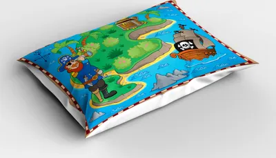 Zdjęcie produktu dla ABAKUHAUS Poszewka na poduszkę z motywem wyspy, kreskówka Schatz Insel z pirackim statkiem i żartującym papugą, 40 x 80 cm, wielokolorowa