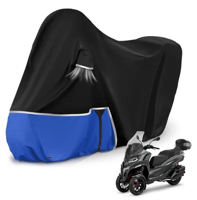 Image de Housse de moto d'extérieur, adaptée au Piaggio MP3 400/500 (avec top case), résistante à l'eau et aux intempéries hivernales, en tissu Oxford 420D, noir et bleu.