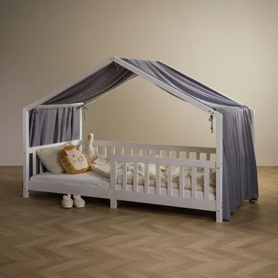 Produktbild von Hausbett Himmel LIAN in grau - Betthimmel aus 100% Baumwolle, Baldachin Musselin zweilagig, Bettvorhang für Kinder, Hausbett Deko