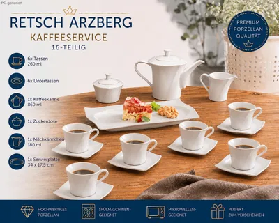 Produktbild von Retsch Arzberg Kaffeeservice 16-teilig – 6 Tassen 260ml, Kaffeekanne, Milchkännchen, Zuckerdose & Servierplatte