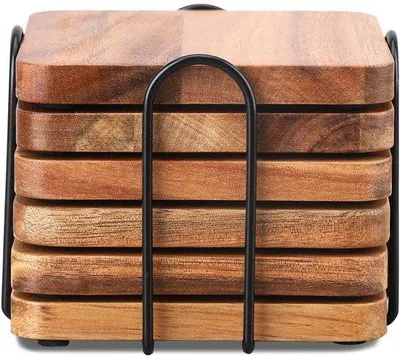 Productafbeelding van Famanu set van 6 houten onderzetters met houder, gemaakt van acaciahout