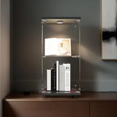 Obrázok produktu pre Sklenené vitríny INONEFT s LED osvetlením, jednodverová vitrína s dvoma policami, tvrdené sklo, vhodné do obývačky, spálne alebo kancelárie, rozmer 40×36×86 cm, čierna farba
