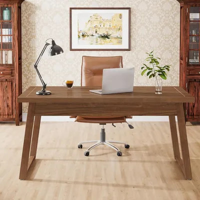 Image de Bureau d'ordinateur en bois massif avec tiroir et finition en noyer rustique
