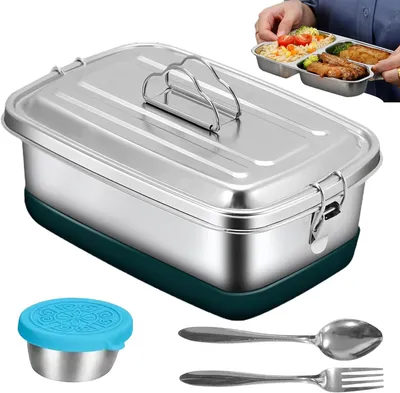 Image de Boîte à lunch en acier inoxydable, 2000 ml, avec 3 compartiments, étanche, idéale pour l'école et le bureau