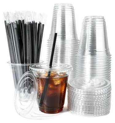 Produktbild von Einwegbecher – 400 ml – Wiederverwendbar – Mit Deckel und Trinkhalm – Set mit 50 Stück