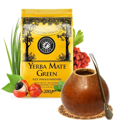 Produktbild von Yerba Mate Tee Starter Set mit Mate Green Fuerte 200g - Naturlich Kalebasse Pumpkin -Edelstahl trinkhalm Bombilla Liza und Korkpad