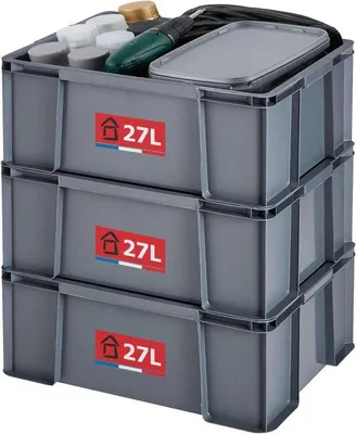 Immagine prodotto di Set da 3 pezzi - 27 litri - Plastica riciclata - Impilabili e resistenti - Ideali per l'officina e il fai da te