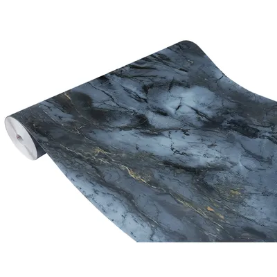 A roll of dark gray marble-patterned wallpaper with gold veining.