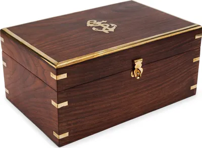 Immagine prodotto di Scatola in legno naturale 26x16x12 cm con decorazioni in ottone, decorazione in stile marittimo, idea regalo