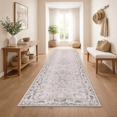 Produktbild von Vintage Boho moderner Wohnzimmerteppich Kurzflor waschbar rutschfest Grau Grösse 80x300 cm