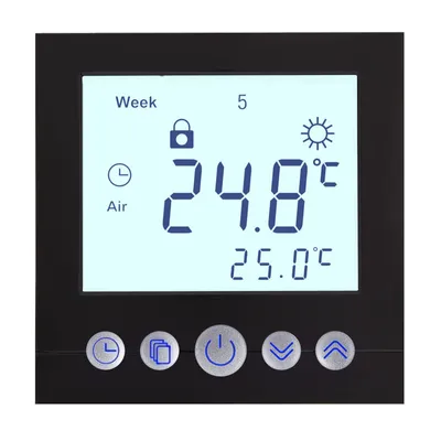 A digital thermostat display with temperature readings and icons.
