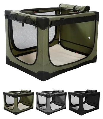 Produktbild von Hundebox faltbar für mittlere Hunde, Transportbox Auto, reißfestes Netz, Plüsch-Betteinlage, 76x54x54cm, Grün