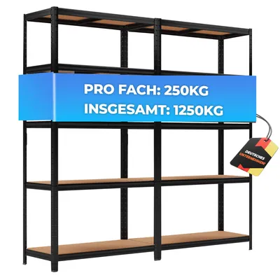 Produktbild von ALL Premium Schwerlastregal 2er-Set 180x90x40cm Schwarz – Bis 1250 kg belastbar, höhenverstellbar, Stecksystem, ideal für Lager, Garage & Keller