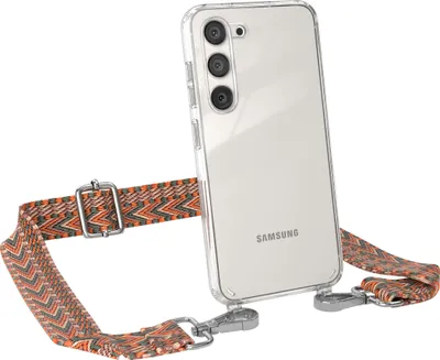 Produktbild von EAZY CASE Handykette - Verstellbarer Trageriemen kompatibel mit Samsung Galaxy S23, Handykordel mit transparenter Silikon-Hülle, Band in Orange