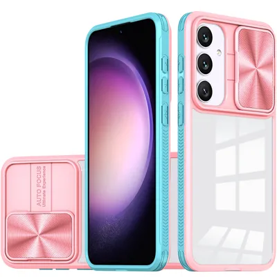 Immagine prodotto di Custodia per Samsung Galaxy S24+ Custodia ibrida trasparente in TPU con copertura scorrevole della fotocamera Rosa