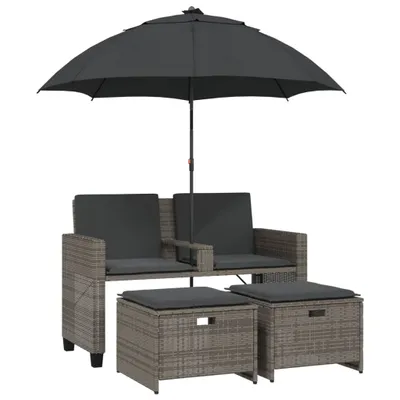 Produktbild von vidaXL Gartensofa 2-Sitzer Sonnenschirm und Hocker Grau Poly Rattan