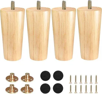 Zdjęcie produktu dla Drewniane nóżki meblowe Taper replacement 12 cm - Zestaw 4 z płytką montażową - Nóżki meblowe z filcowymi ślizgaczami do sofy, łóżka, komody, szafki TV, łazienki