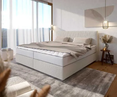 Produktbild von DELIFE Boxspringbett Dream-Well Bouclé Creme-Weiß 200x200 cm mit Taschenfederkernmatratze und Topper Visco