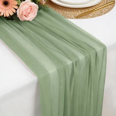 Immagine prodotto di Runner da tavolo color verde salvia in chiffon, dimensioni 77 x 300 cm, ideale per matrimoni e feste