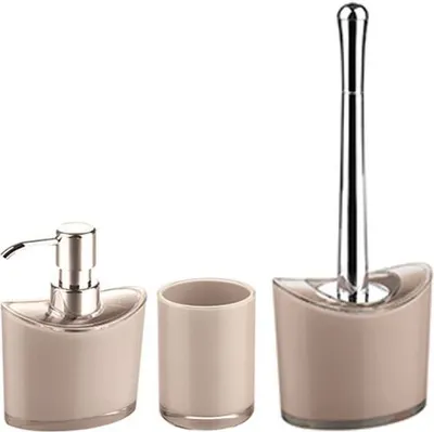 Produktbild von MSV Badezimmer Set Manihi, 3-teiliges Badzubehör aus Acryl, Seifenspender, WC Bürste, und Zahnputzbecher Taupe