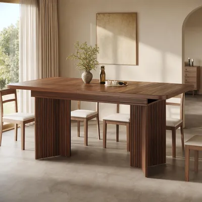 Productafbeelding van MODFU Uitschuifbare eettafel 120–160 cm, eettafel/keukentafel met uitschuifbaar tafelblad en V-vormige poten, draagvermogen 60 kg, salontafel, eikenhout + walnoot