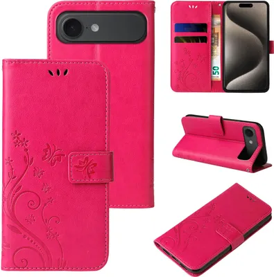 Produktbild von Handyhülle für Apple iPhone 17 Air Floral Blumen Schmetterling Flip Cover Hülle Case Klapphülle Handytasche Farbe: Pink