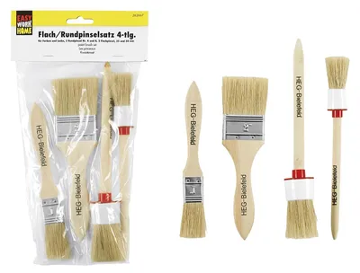 Zdjęcie produktu dla Zestaw pędzli Easy Work, farby i lakiery, 2 pędzle okrągłe, 2 pędzle płaskie, wielokolorowe, 4-częściowy (1 zestaw)