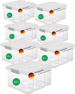 Produktbild von Novaliv 7 tlg Sparset Aufbewahrungsboxen mit Deckel Transparent 1x45 L + 2x 15L + 4x 5L Nestbar stapelbar Clipverschluss Rollboxen BPA-frei