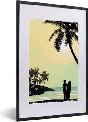 Produktbild von MuchoWow® MuchoWow® Gerahmtes Poster Strand - Surfbrett - Sonne - Palmen 40x60 cm - Poster mit zchwarzem Bilderrahmen - Poster in Rahmen