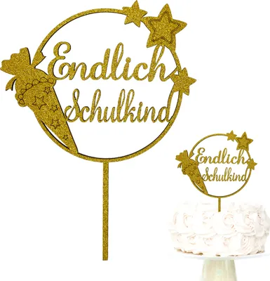 Produktbild von Oblique Unique Endlich Schulkind Holz Torten Topper Glitzernd gold für Schuleinführung Einschulung Schulanfang Kuchendeckel
