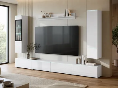 Produktbild von MINIO go for it, VEVE XXL, Wohnwand 300 cm, LED, TV-Lowboard, Wandregal, grifflose Fronten, hängend oder stehend, Weiß / Weiß Hochglanz Farbe