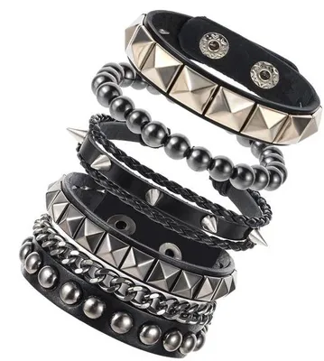 Image de Bracelet ajustable pour poignet, en cuir PU, lot de 4, couleur noire