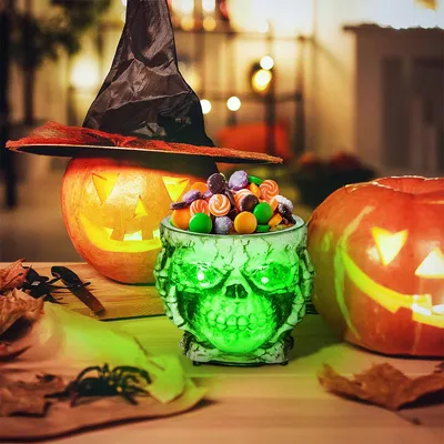 Produktbild von Halloween Dekoration Skelett-Süßigkeitenschale mit leuchtenden Augen & gruseligem Klang Gruselrequisiten Dekorationen für Halloween