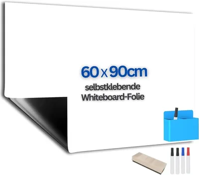 Produktbild von Whiteboard Folie Magnetisch, selbstklebende Magnetfolie, Abwischbare Schreib-Tafel Selbstklebend, inklusive Marker, Schwamm & Box 90x60