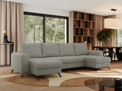 Produktbild von Ecksofa für das Wohnzimmer, AXEL U Ecksofa mit losen Kissen, drei Bettkästen, U-förmiges Ecksofa mit Armlehnen, Universalecke mit schwarze Metallbeine - Grau Boucle