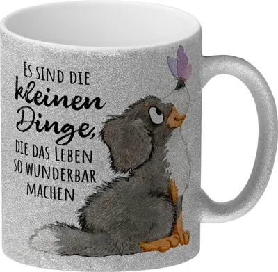Produktbild von Hund Glitzer-Kaffeebecher mit Spruch Die kleinen Dinge machen das Leben so