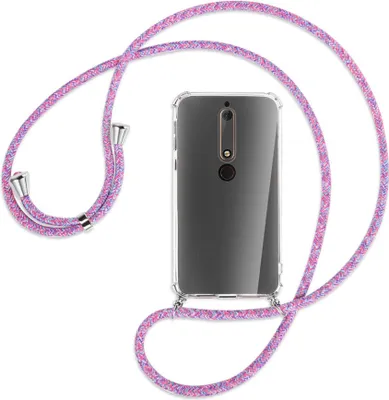 Produktbild von Handykette Backcover-Schutzhülle mit Band (Metall silberfarben) für Nokia 6.1 - lila/rosa/blau