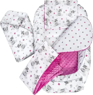 Produktbild von Babynestchen 5tlg Babynest Babydecke Steckkissen Kuschelnest Einschlagdecke Baumwolle 100x60x15 Teddybär mit dunkelrosa Minky