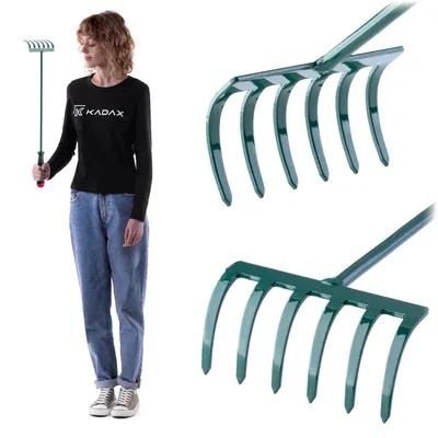 Zdjęcie produktu dla KADAX Grabki Grabie małe Ogrodowe z Trzonem 60cm 6-Zębne, Obraz wygenerowany przez AI