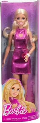 A Barbie doll in a pink dress is displayed in its packaging, with a graphic of the doll on the front.