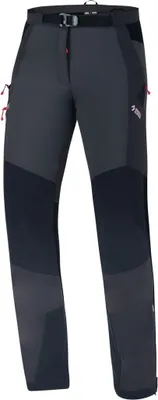 Dunkelgraue Softshellhose für Damen mit verstellbarem Gürtel und mehreren Taschen; ideal für Outdoor-Aktivitäten.