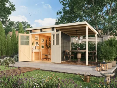 Produktbild von Gartenhaus Glücksberg 3 19 mm terragrau inkl. 190 cm Anbaudach