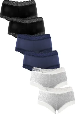 Produktbild von Fabio Farini - 6 Stück Damen Hipster Unterwäsche - Unterhosen aus Baumwolle mit Stretch mit floraler Spitze am Bund und Beinabschluss