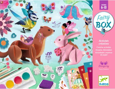 A colorful illustration of fairies and woodland creatures, with art supplies in the foreground.