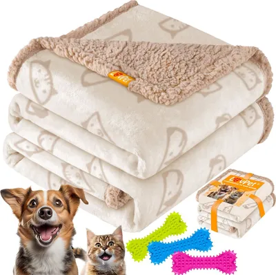 Produktbild von LOVPET® wasserdichte Hundedecke, Sherpa Fleece Haustier Decke + 3x Spielzeugknochen, maschinenwaschbar, beidseitiger Sofabezug-Schutz